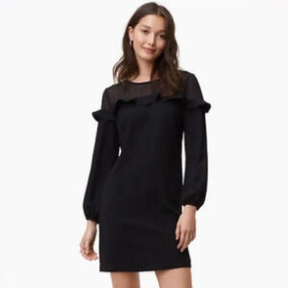 🆕️ 🖤LOFT🖤 - Black L/S Dress w/Sheer Polka Dot Ruffle Detail